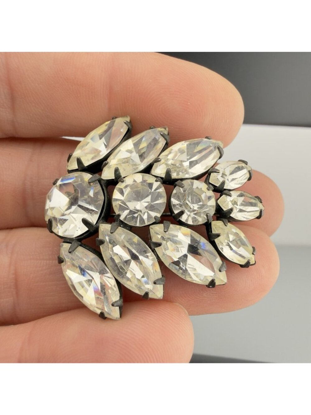 Vintage Rhinestone Brooch Clear Marquise Japanned Floral Leaf 1.5" READ